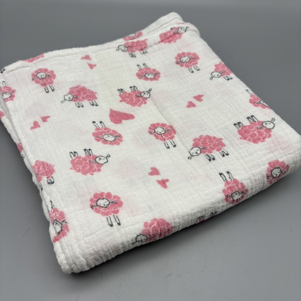 Aden + Anais Pink Hearts And Sheep Baby Swaddle‎ Blanket Muslin Cotton 40"x40"